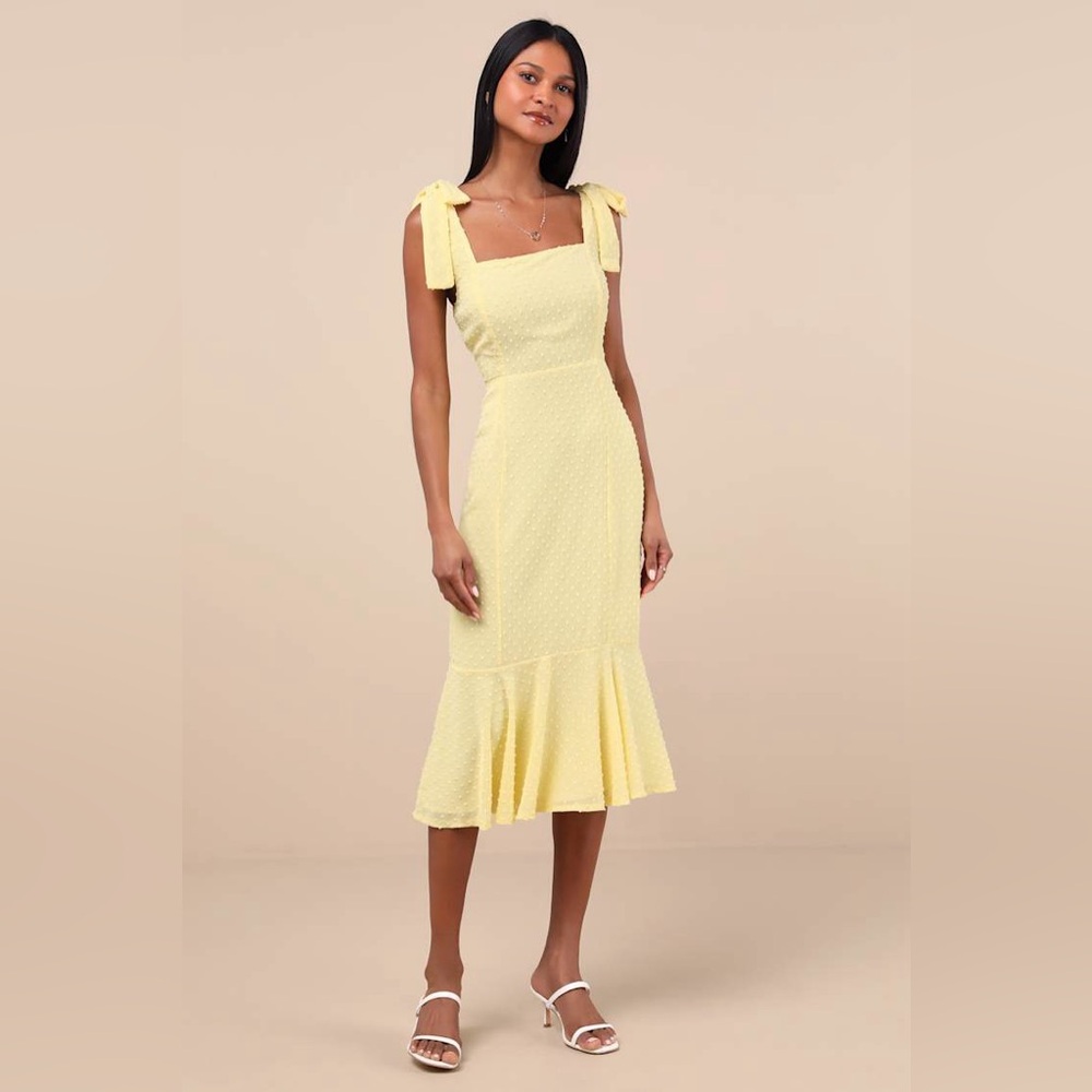 Lulus Women’s Bimini Light Yellow Swiss Dot Tie-Strap Midi Dress Size XL NWT